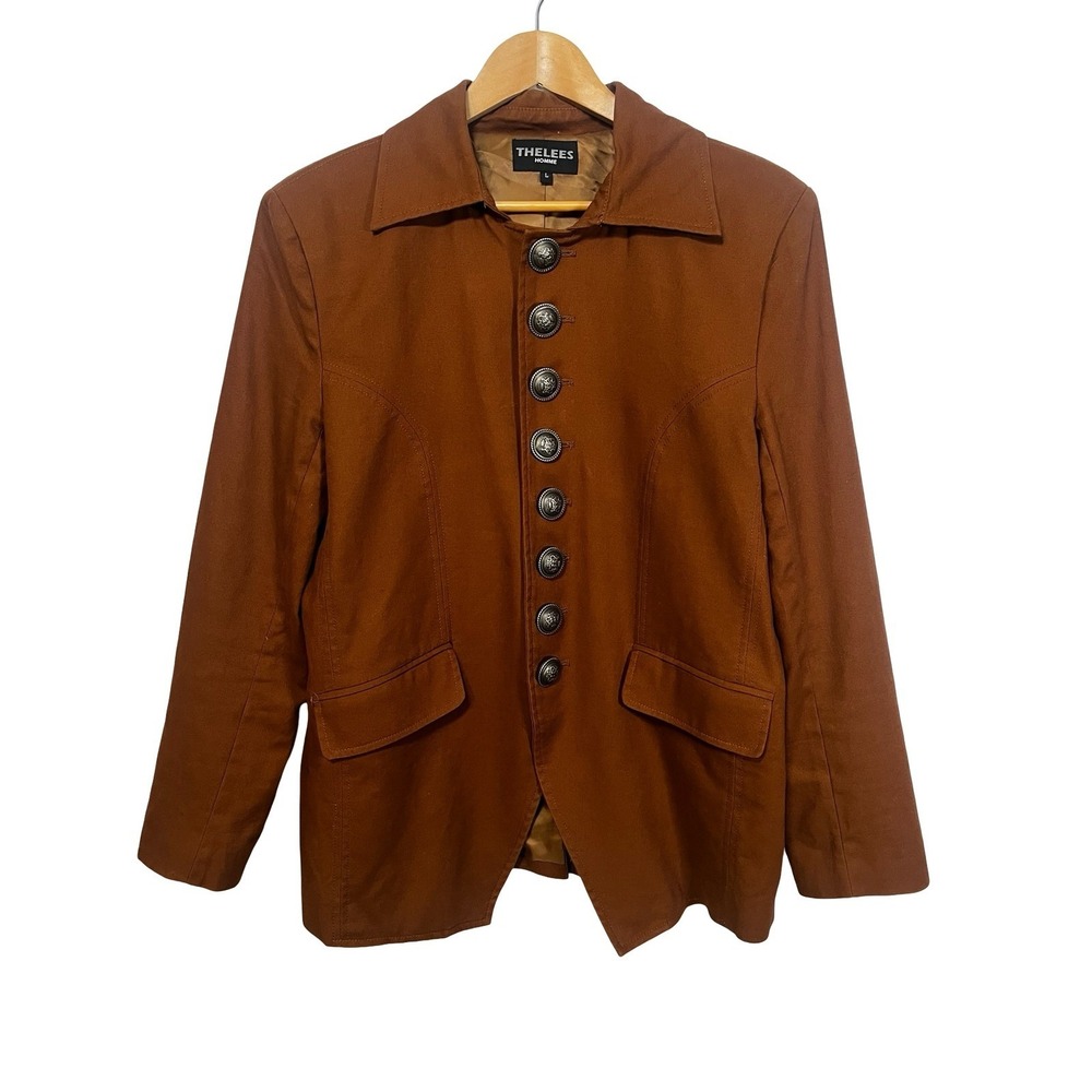 THELEES HOMME Mens L Brown Military Steampunk Gothic Button Blazer Jacket Cotton